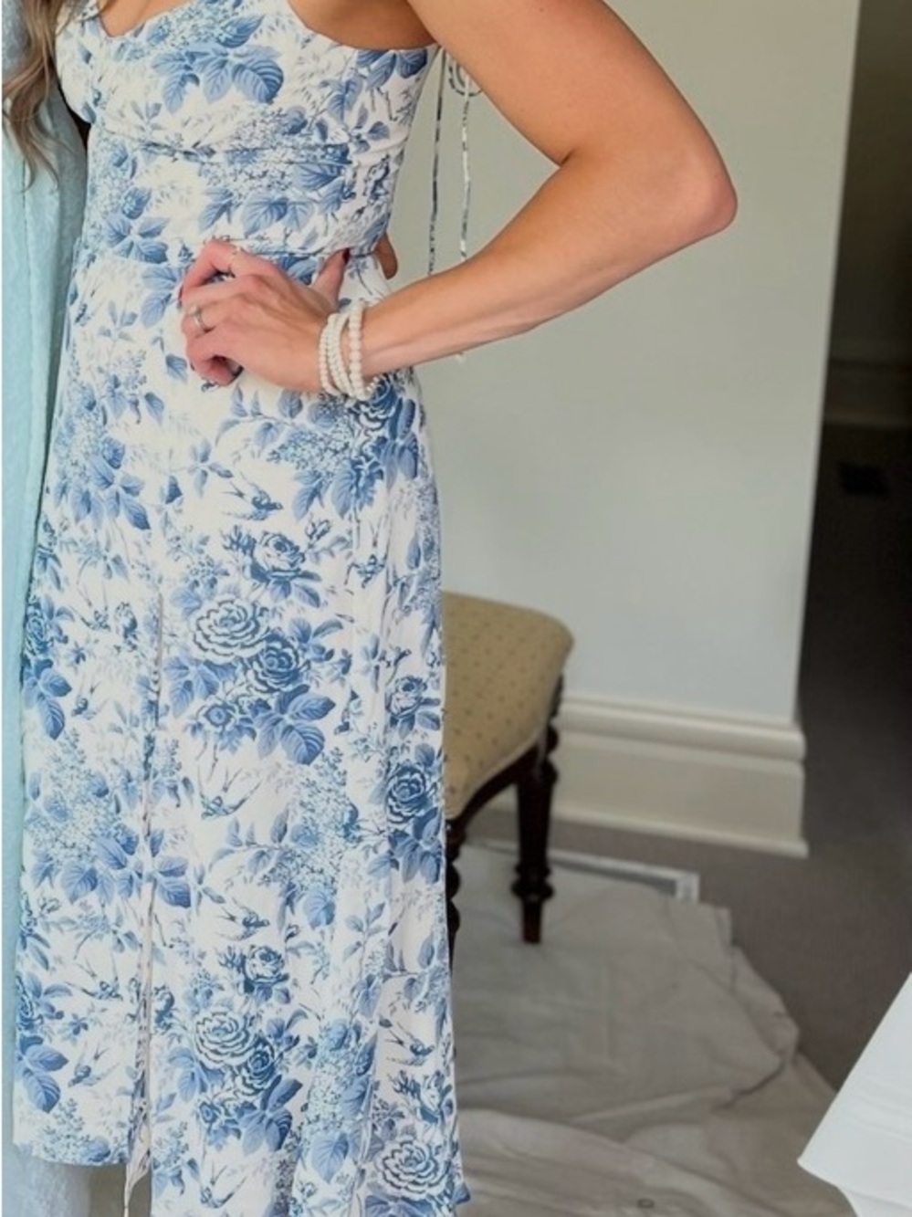 Floral Sweetheart Slip Dress in Blue and Cream - Picture 6 of 6